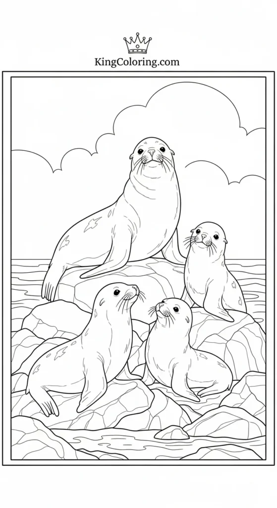 Sea Lion Family On Coastal Rocks coloring pages