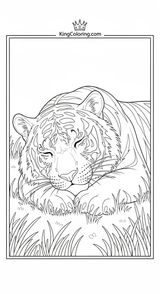 Sleeping Tiger In Grass Coloring Page