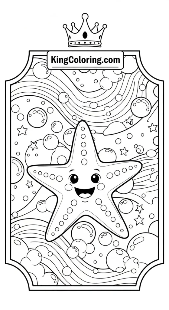 Starfish coloring pages featuring a smiling starfish with bubbly shapes around