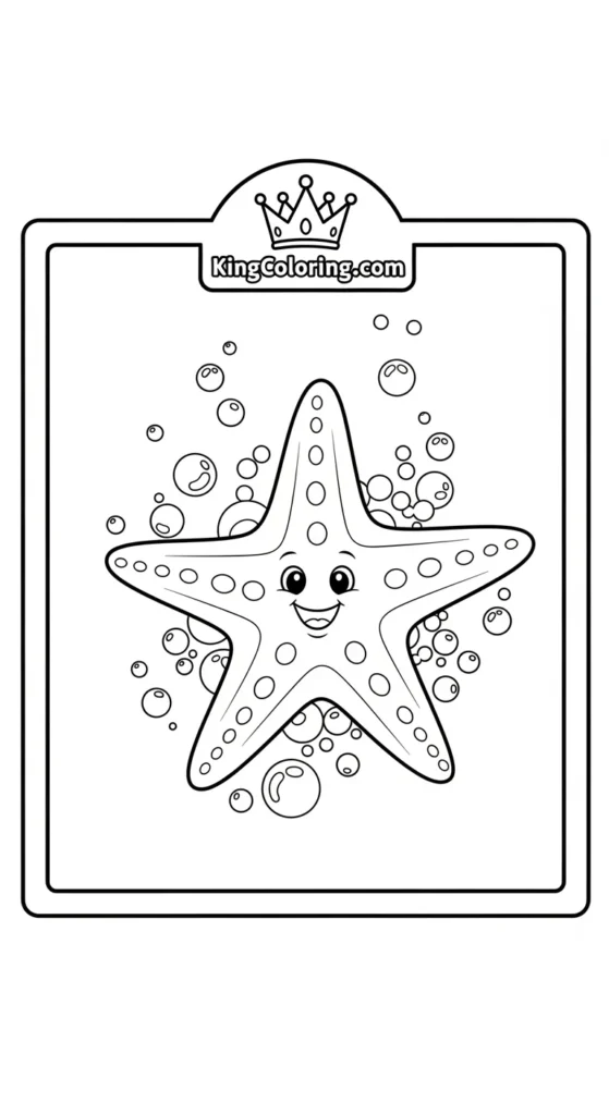 Starfish coloring pages featuring a starfish surrounded by small bubbles