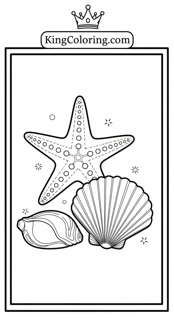 Starfish coloring pages illustrating a starfish beside a seashell and pebble