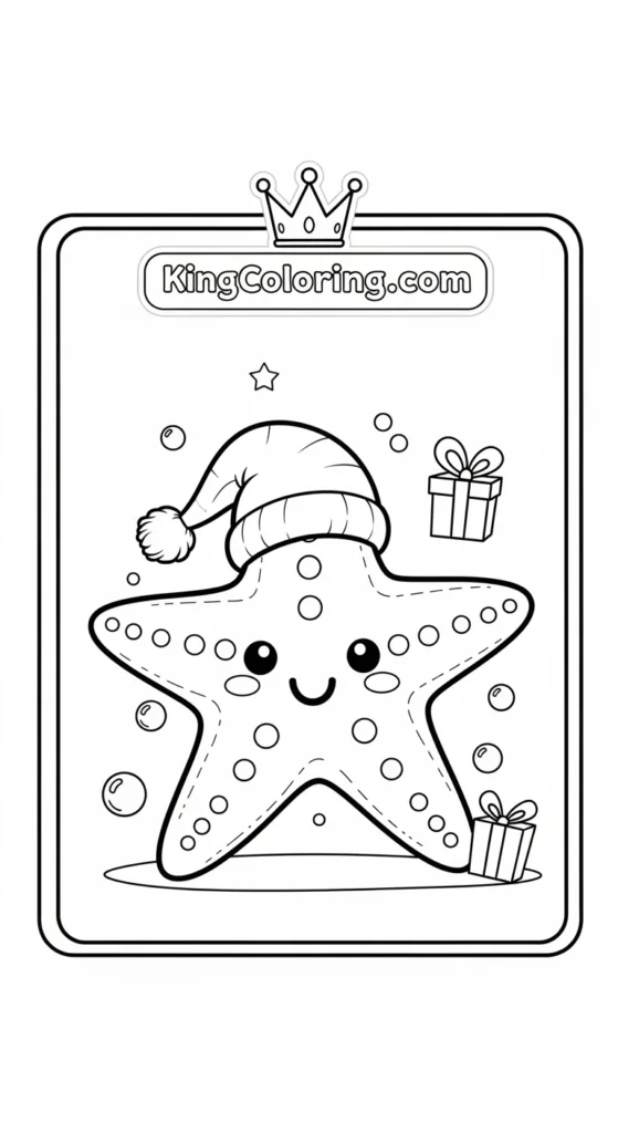 Starfish coloring pages showing a cute smiling starfish, friendly cartoon style