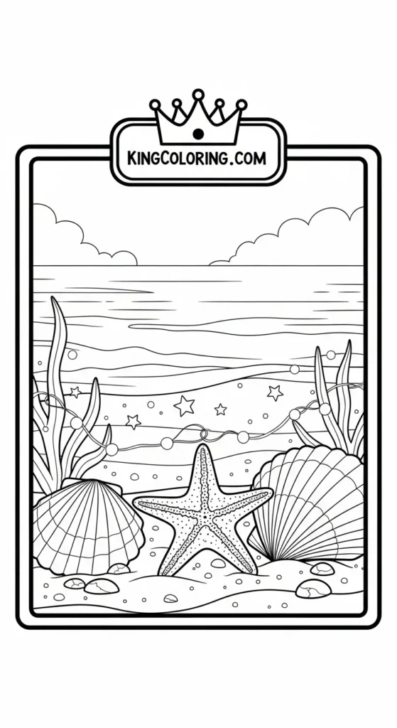 Starfish coloring pages showing a tiny starfish near seashells