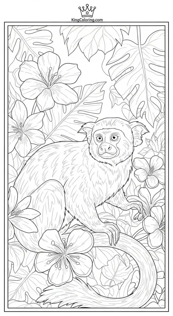 Tamarin Sitting Near Jungle Flowers