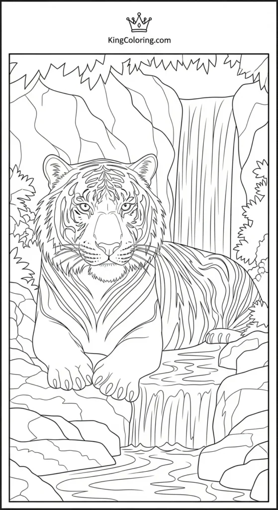 Tiger Lying Near Waterfall Coloring Page