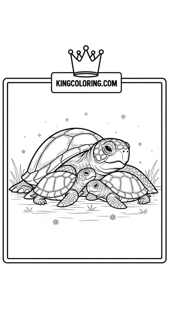 Turtle coloring pages illustrating a turtle family resting together