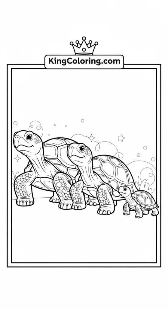 Turtle coloring pages illustrating a turtle family walking together