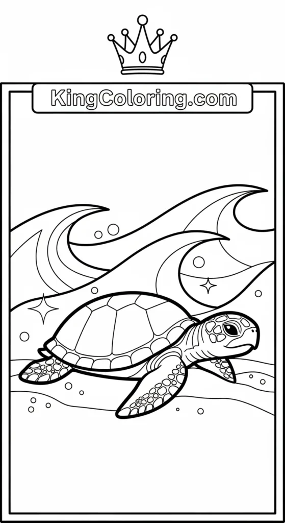 Turtle coloring pages showing a turtle resting near simple waves