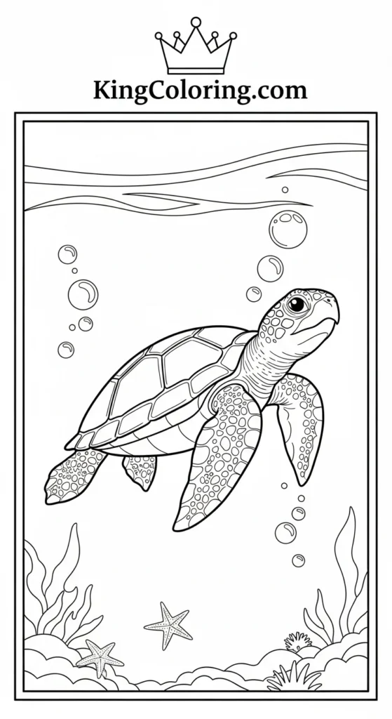 Turtle coloring pages showing a turtle swimming near bubbles