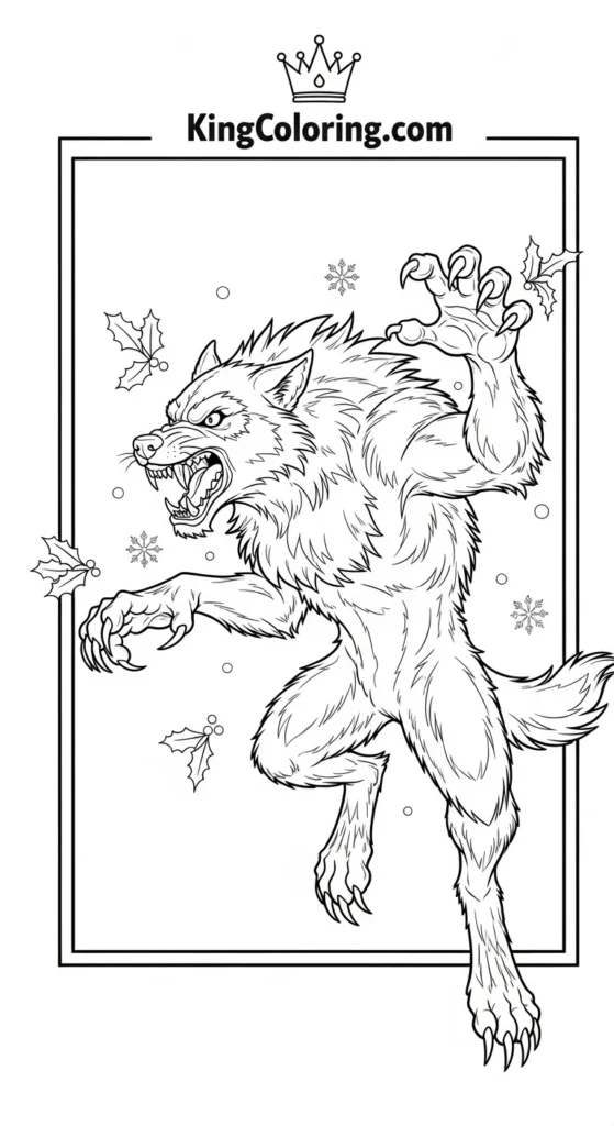 Werewolf coloring pages featuring a werewolf mid-leap,