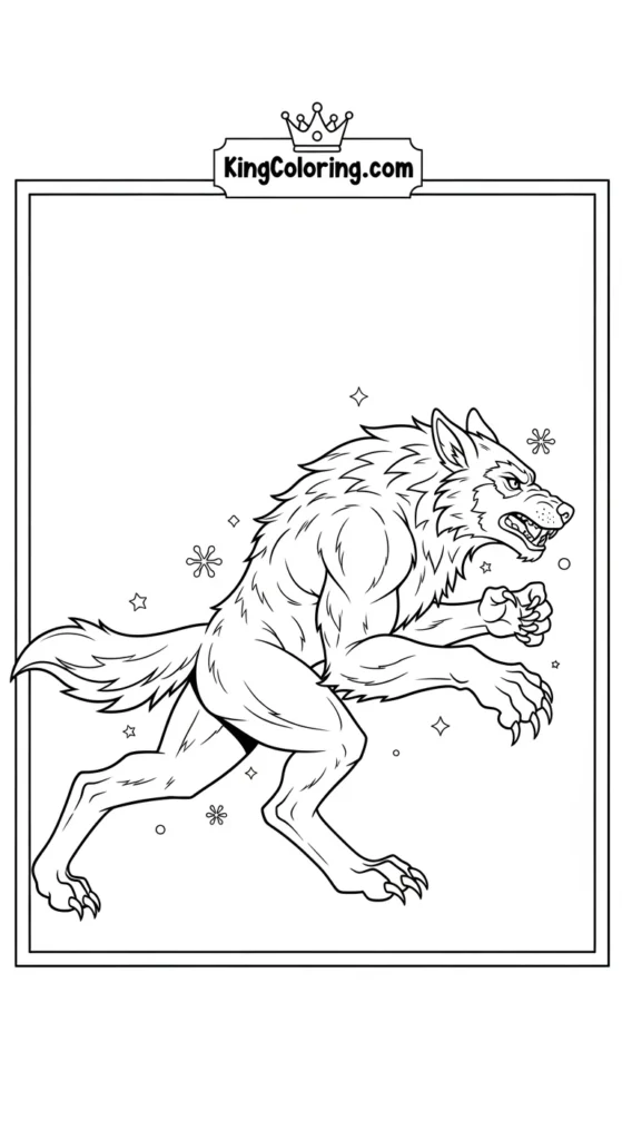 Werewolf coloring pages featuring a werewolf mid-run