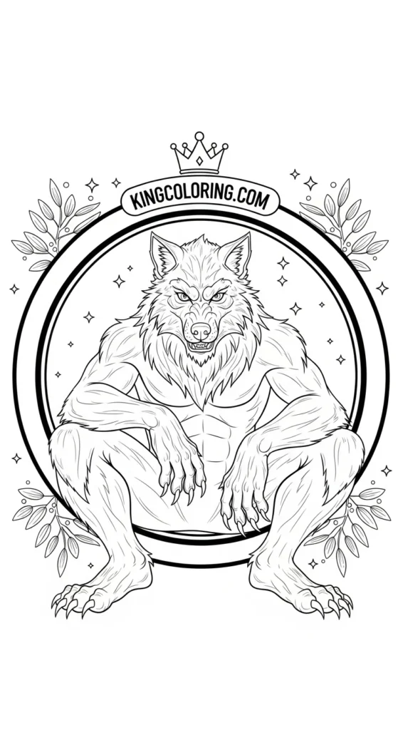 Werewolf coloring pages featuring a werewolf sitting inside a circular frame