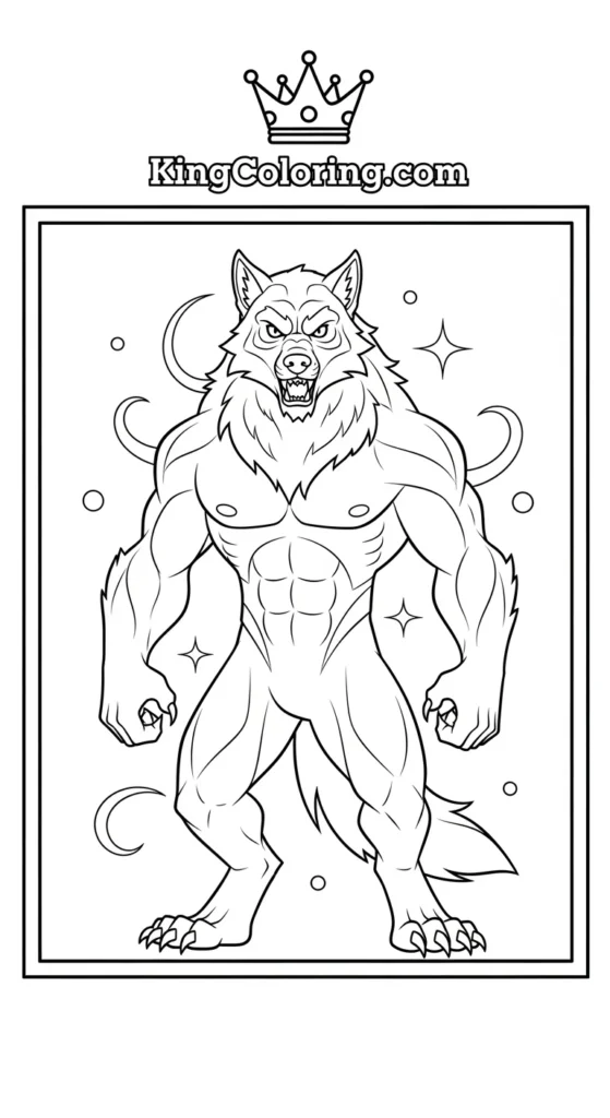 Werewolf coloring pages featuring a werewolf standing tall, muscular pose