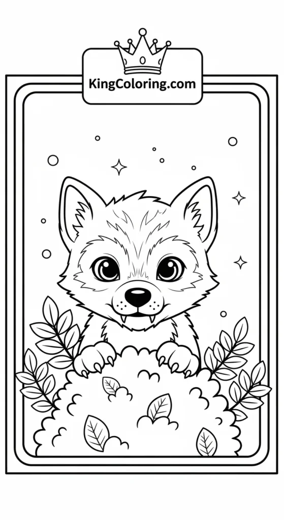 Werewolf coloring pages illustrating a baby werewolf hiding behind a bush