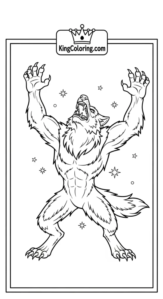Werewolf coloring pages illustrating a werewolf stretching arms upward