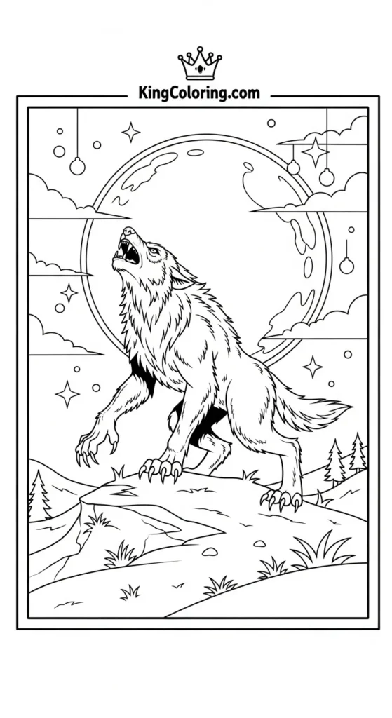 Werewolf coloring pages showing a werewolf standing on a hill under the moon