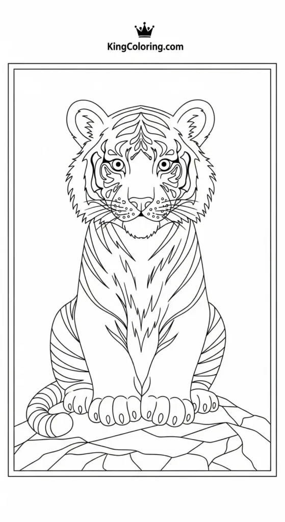 coloring-style image featuring Baby Tiger Sitting On Rock Coloring Page