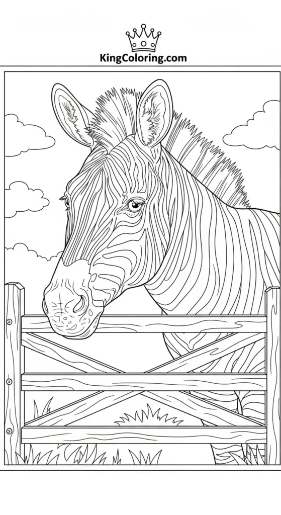 A Curious Zebra Near A Farm Gate Printable Coloring Page