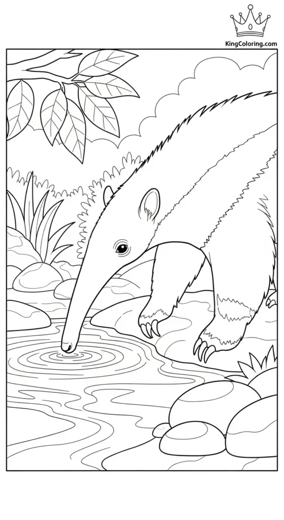 Anteater Drinking From Stream Coloring Sheet.
