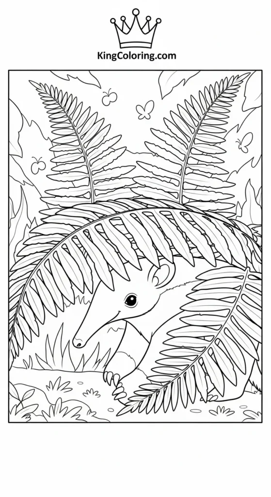Anteater Hiding Under Fern Leaves Printable Coloring Page.