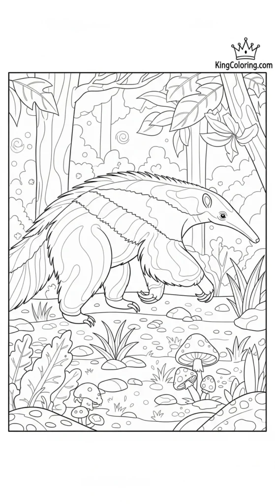 Anteater Mid-Step Crossing Forest Floor Coloring Page.