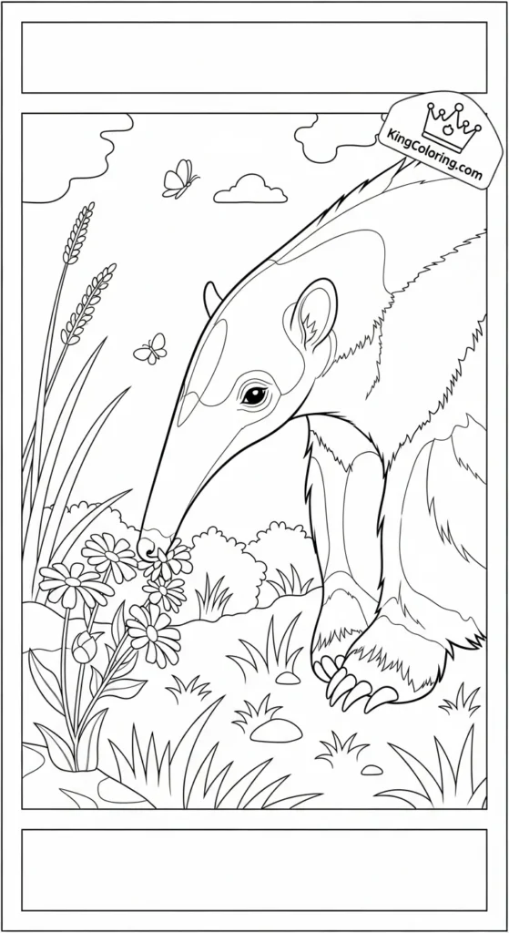 Anteater Sniffing Flowers In Meadow Coloring Sheet.