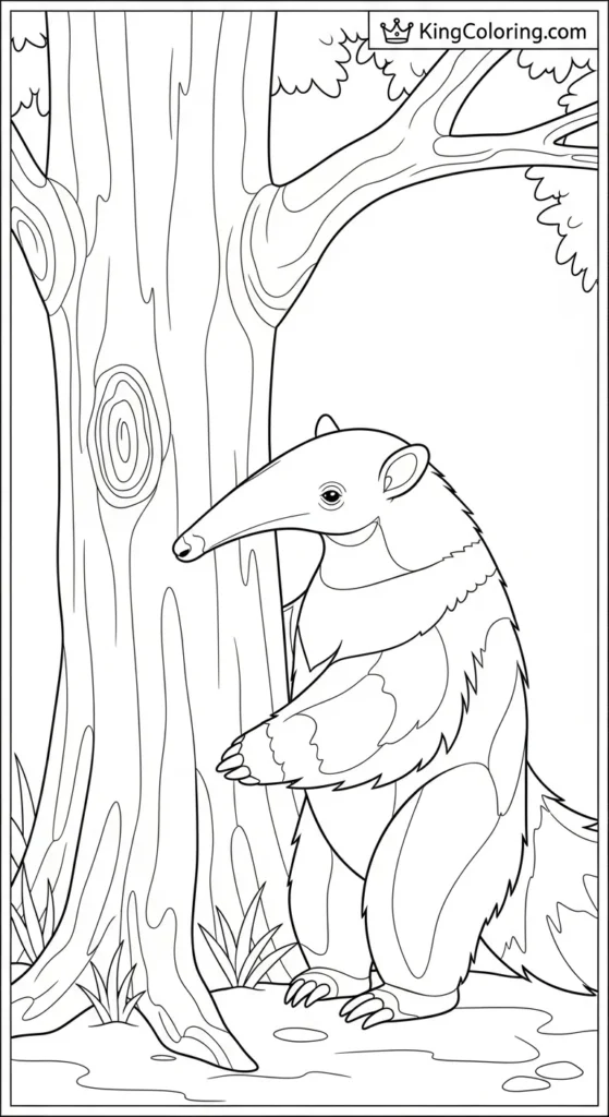 Anteater Standing Near Tree Trunk Coloring Page