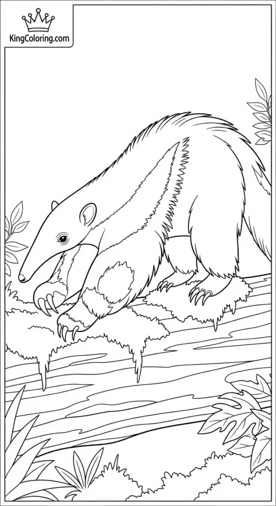 Anteater Stretching On Mossy Log Coloring Sheet.