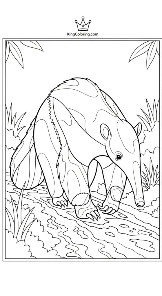 Anteater Walking Along Muddy Trail Printable Coloring Page.