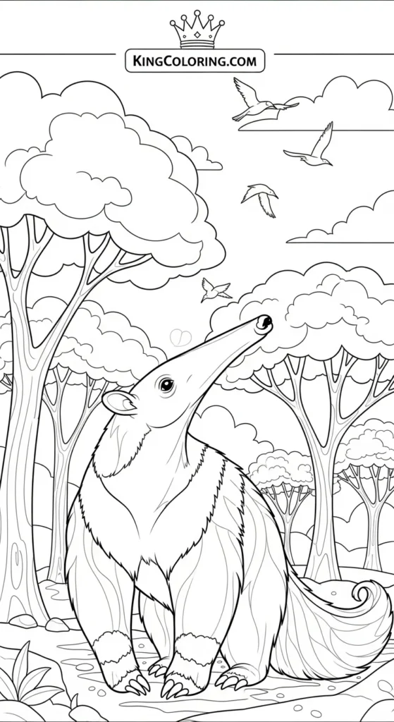 Anteater Watching Birds Flying Over Trees Printable Coloring Page