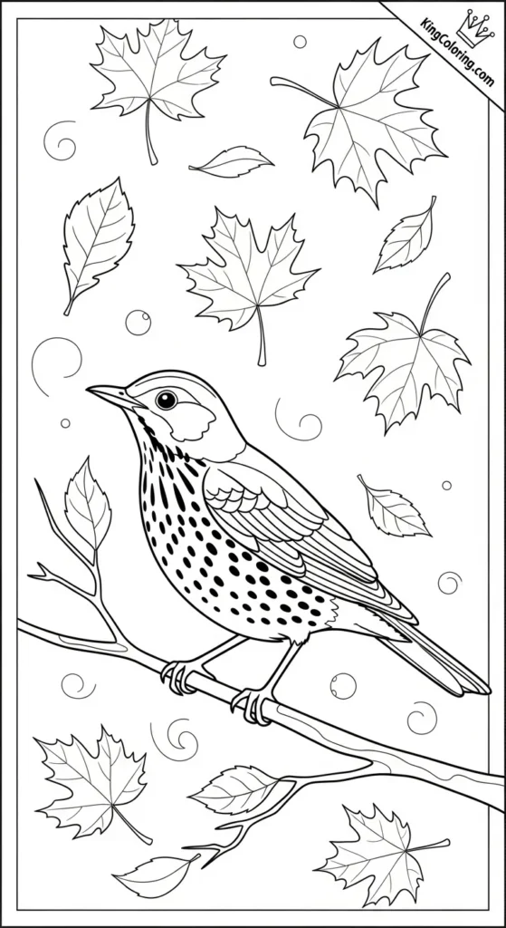 Autumn Leaves Falling Around A Thrush Coloring Page.