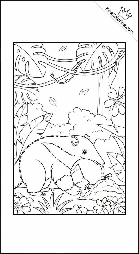 Baby Anteater Playing In Jungle Clearing Printable Coloring Page