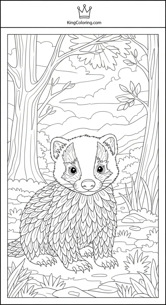 Baby Badger Exploring Forest Floor Printable Coloring Page
