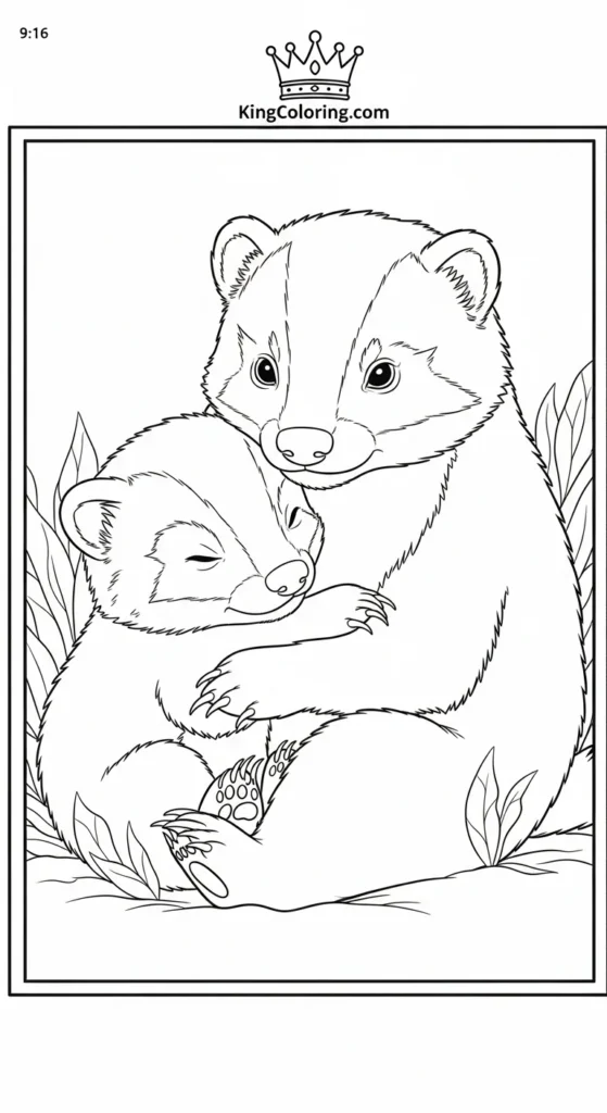 Baby Badger Snuggling With Mom Coloring Page