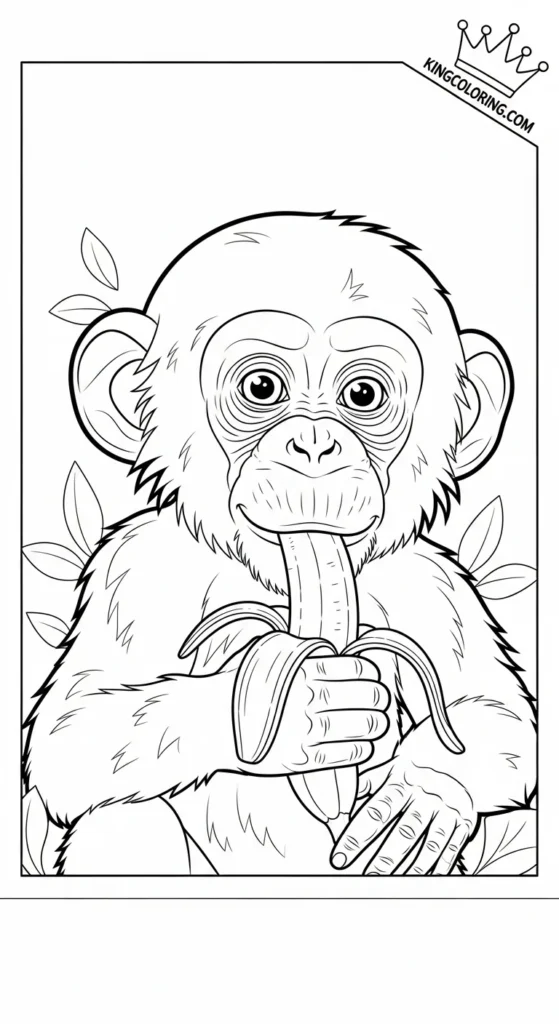 Baby Chimpanzee Holding A Banana Printable Coloring Page.