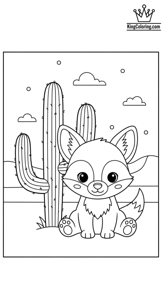 Baby Coyote Sitting Near A Cactus Printable Coloring Page