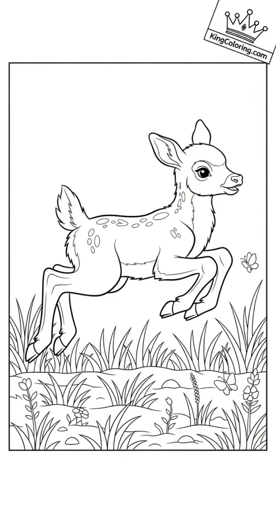 Baby Elk Jumping Through Grass Coloring Page.