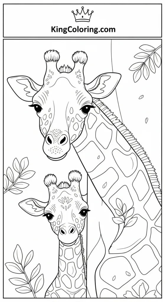 Baby Giraffe Peeking From Behind Mother Coloring Page