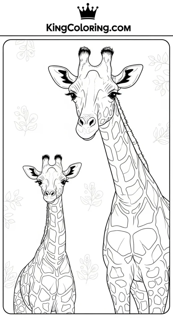 Baby Giraffe Walking Beside Mother Printable Coloring Page
