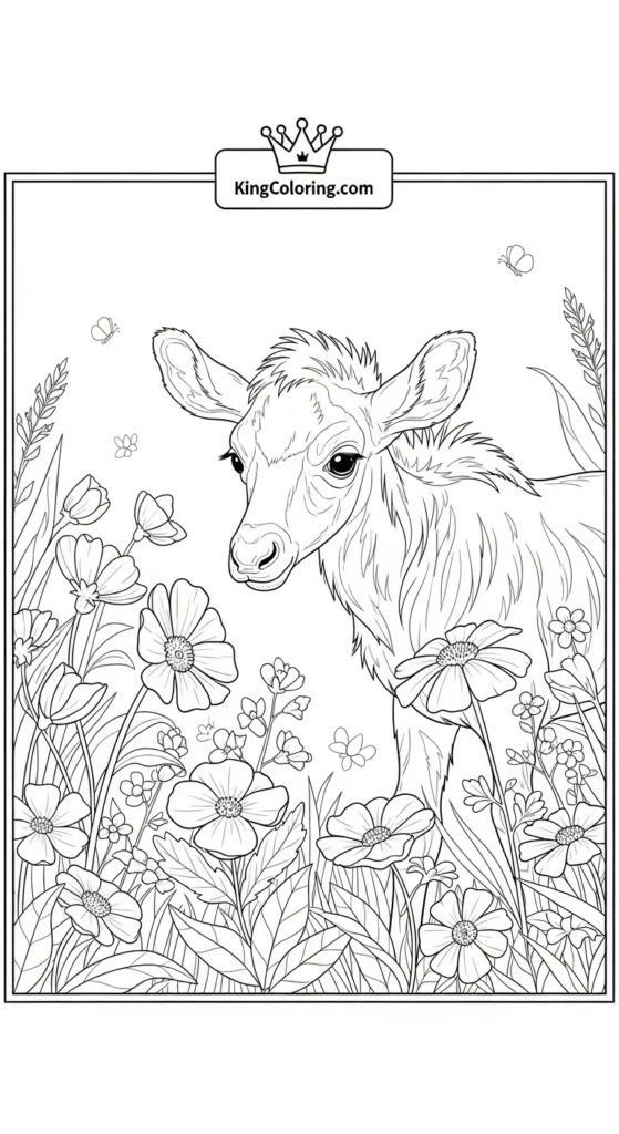 Baby Gnu Exploring Wildflowers Printable Coloring Page.