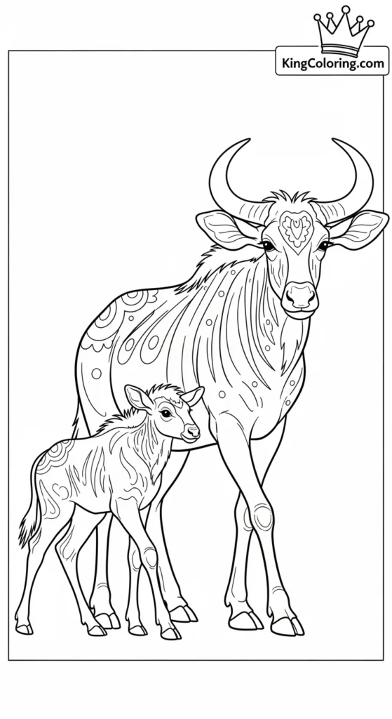 Baby Gnu Walking Beside Mother Printable Coloring Page.