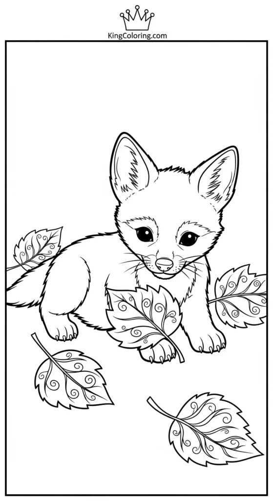 Baby Jackal Playing With Leaves Printable Coloring Page