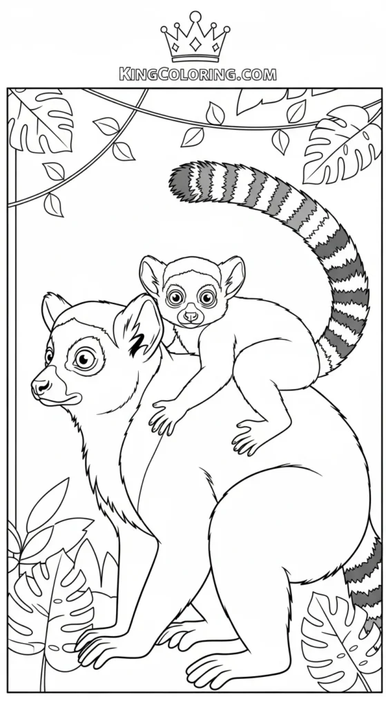 Baby Lemur Holding Onto Mother Printable Coloring Page