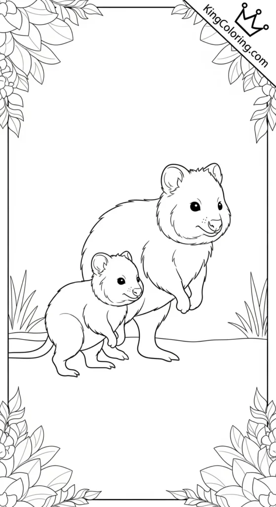 Baby Quokka Walking Beside Mother Printable Coloring Page.
