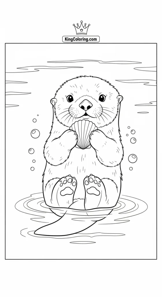Baby Sea Otter Holding A Small Shell Printable Coloring Page.