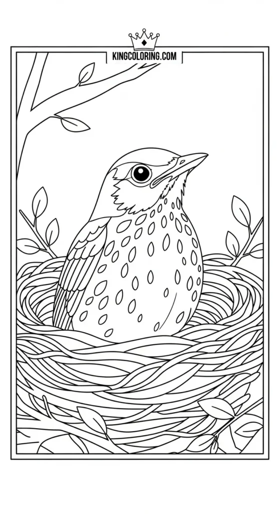 Baby Thrush Waiting In Nest Printable Coloring Page.