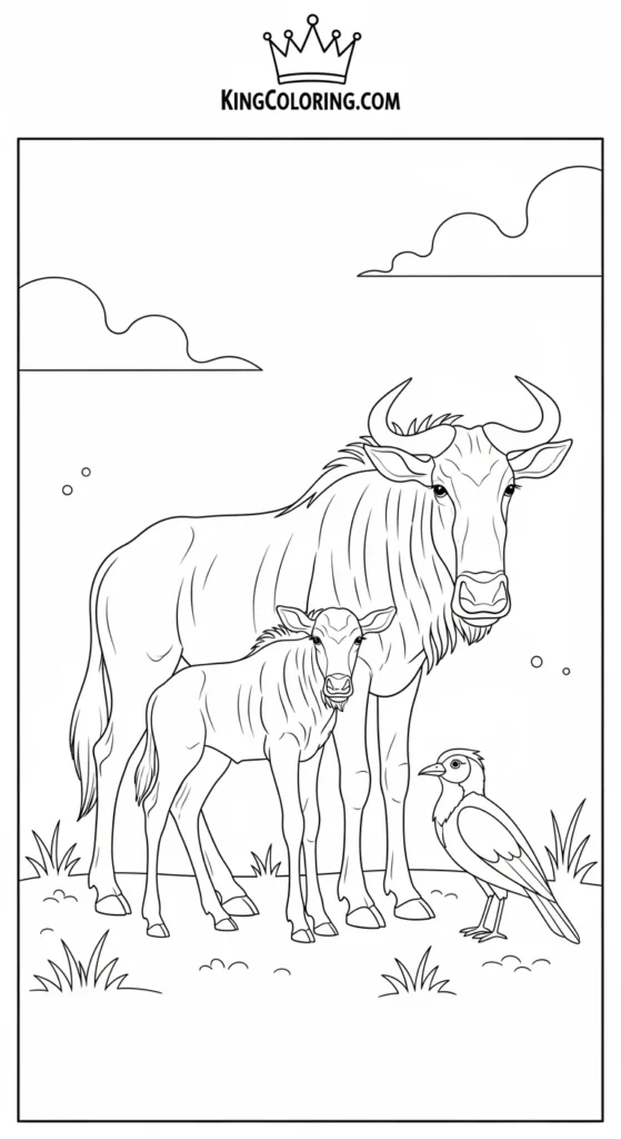 Baby Wildebeest Standing Beside Mother Printable Coloring Page