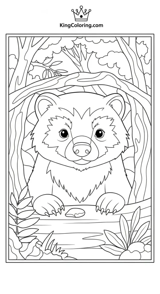 Badger Peeking Out From Forest Hollow Coloring Page For Kids