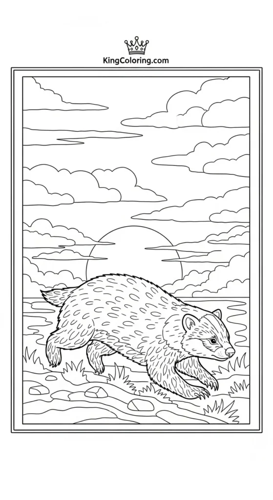 Badger Running At Sunset Printable Coloring Page