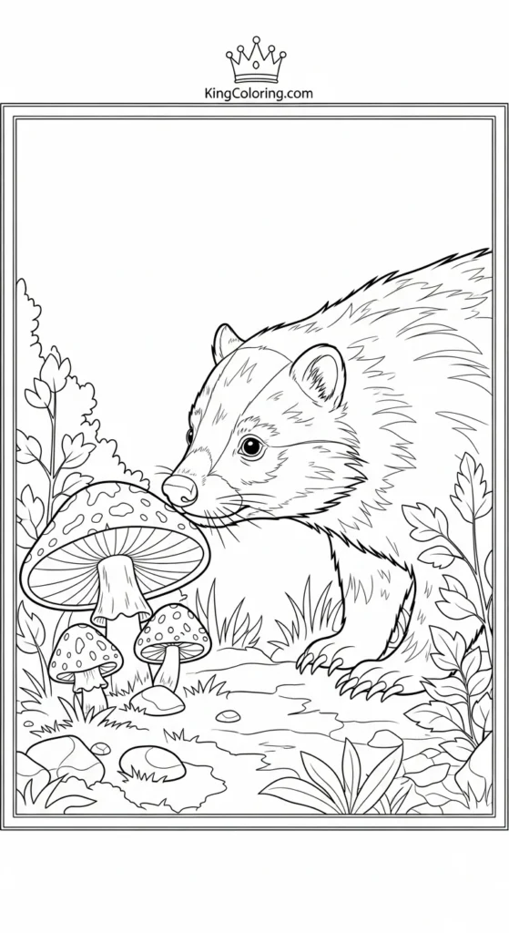 Badger Sniffing Mushrooms Coloring Page